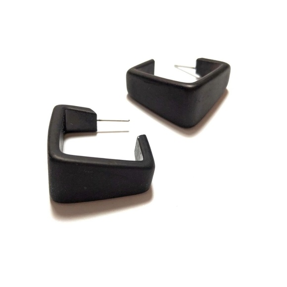 Wide Cubist Frosted Lucite Hoop Black Earrings - Picture 2 of 7